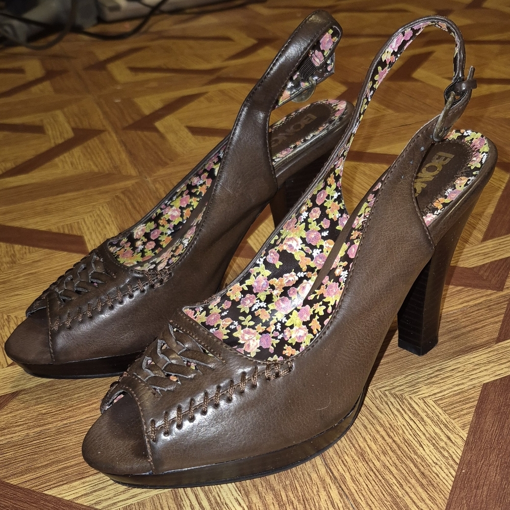 Bongo Brown Faux Leather Open Toe Heel Shoes Pumps Women's Size 7 BONGO-BROWN-7